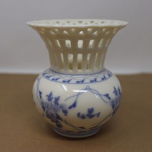 Skye McGhie Rose Brocade Porcelain Vase w Blue White Flowers 6" Tall